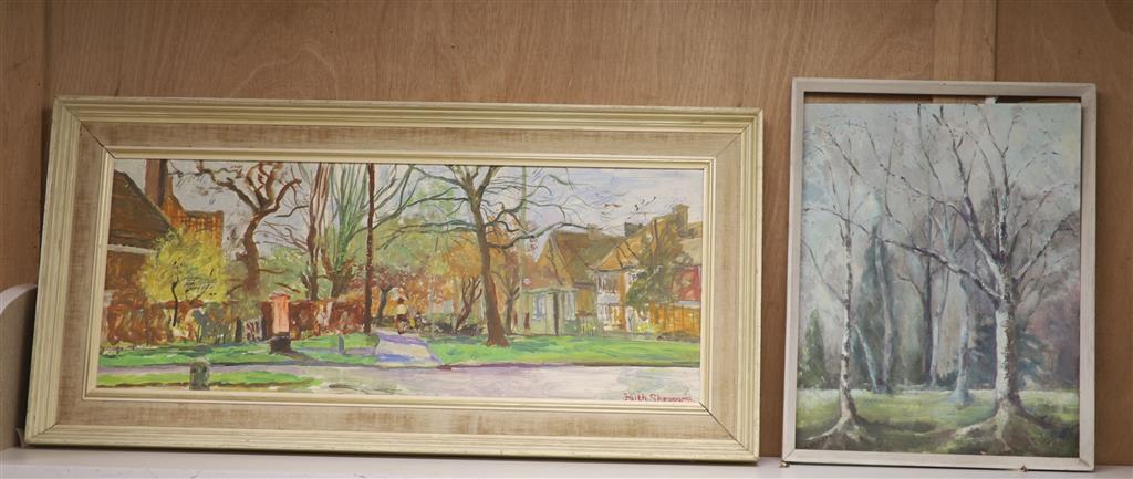 Faith Sheppard (1920-2008), oil on board, The Red Pillar Box, 30 x 75cm, and an oil study of Birch trees